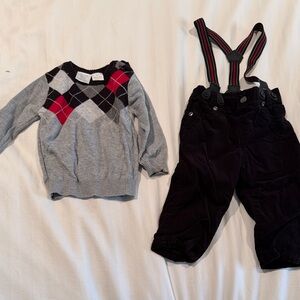 Koala Kids 9month Red and Gray Argyle Sweater and Corduroy pants and suspenders